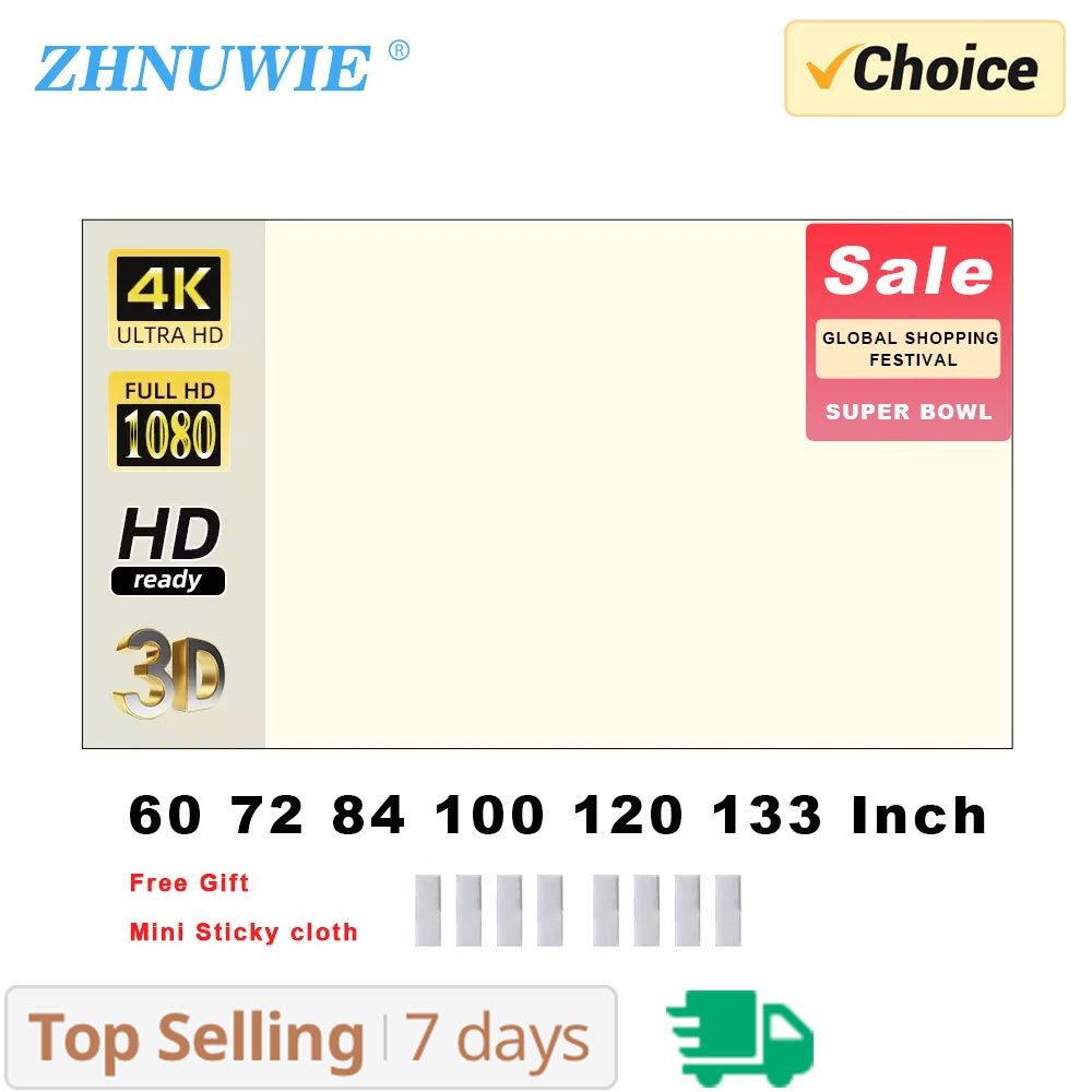 Projector Screen 100 Inch - ZHNUWIE โปรเจคเตอร์หน้าจอตารางสีขาว Anti-Light 16:9 หน้าจอ 60