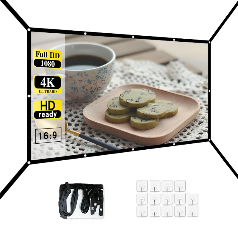 Projector Screen 100 Inch - 16:9 หน้าจอสีขาวแบบพับได้แบบพกพา, หน้าจอฉายภาพแบบขยายติดผนังความละเอียดสูงขนาด 60-150 นิ้ว