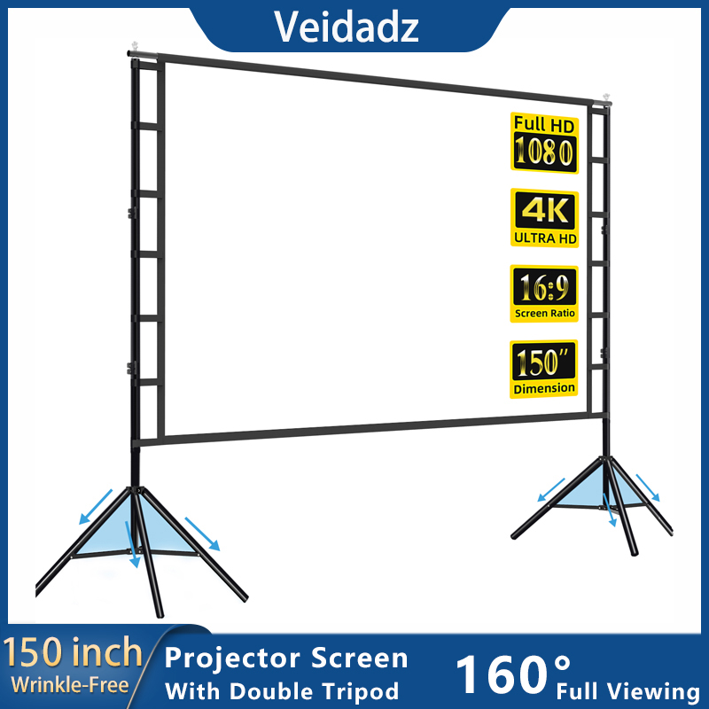 Projector Screen 100 Inch - Veidadz หน้าจอโปรเจคเตอร์พร้อมขาตั้งสีขาวไร้ริ้วรอยมุมมอง ° 160 60-150นิ้วโฮมเทียเตอร์หน้าจอสองด้านกลางแจ้ง