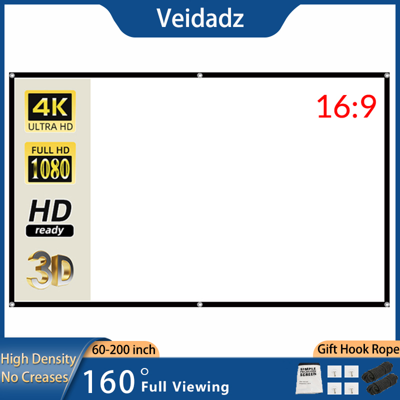 Projector Screen 100 Inch - VEIDADZ 60-200 นิ้วแบบพกพาโปรเจคเตอร์หน้าจอความหนาแน่นสูงสีขาวไม่มีรอยยับนุ่มหน้าจอโปรเจคเตอร์ 16:9 ในร่มกลางแจ้ง
